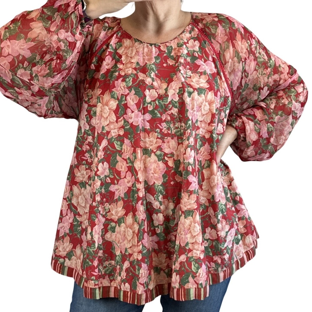 Nikasha Anthropologie Womens Christine Rose Swing Blouse Top Size‎ L Pink Floral